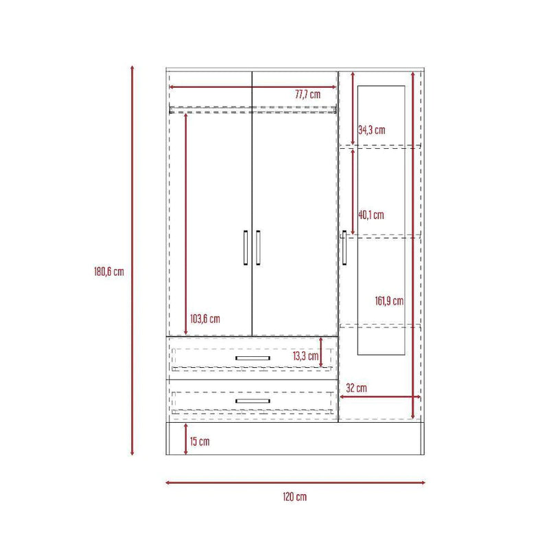 Closet Balton Carbón 120 cm con Espejo, Tres Puertas y Dos Cajones