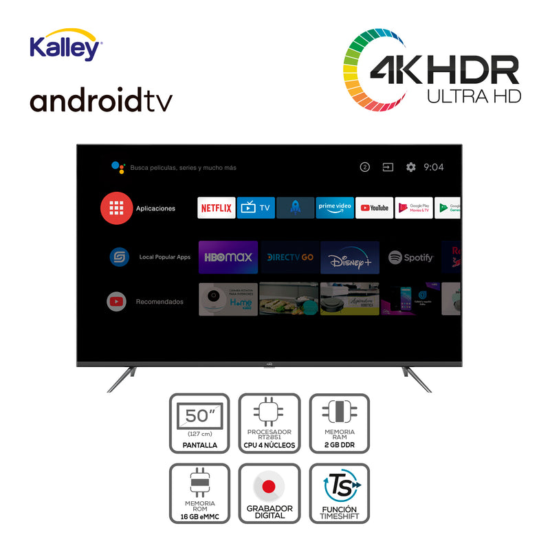 TV KALLEY 50 Pulgadas 127 cm ATV50UHDW 4K-UHD LED Plano Smart TV Android